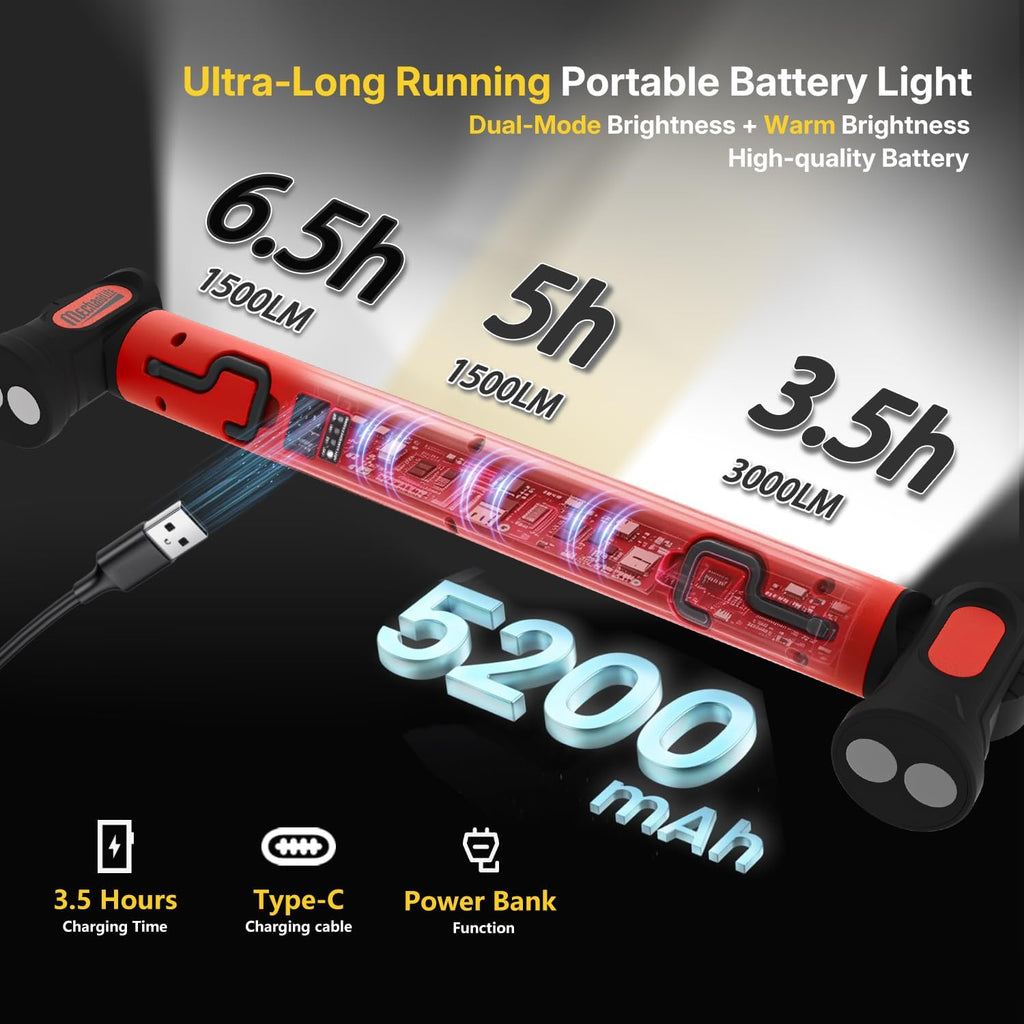 Magnetic Cordless under Hood Work Light Bar for Mechanics-Red | Rechargeable 5200Mah Battery, 3000 Lumens, N45 Magnets, 360° Hooks, IP54 Waterproof & IK08 Impact Resistant for Car Repairing