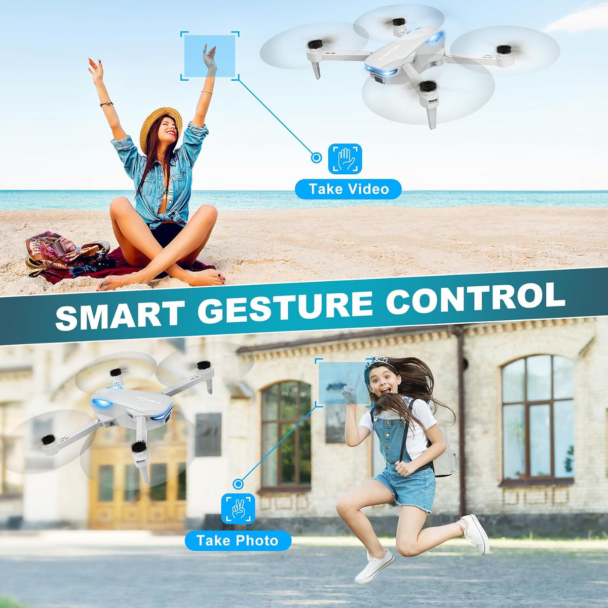 Drone with 1080P Camera for Beginners and Adults, Foldable Remote Control Quadcopter with Voice Control, Gestures Selfie, Altitude Hold, One Key Start, 3D Flips, 2 Batteries, Not Water-Proof, Toy for Beginners