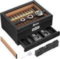 Cigar Humidor, Glass Top Desktop Humidor Box, Cigar Gifts for Men, Cedar Wood Cigars Case with Digital Hygrometer, Humidifier, Measuring Scale and Cigars Accessories Drawer