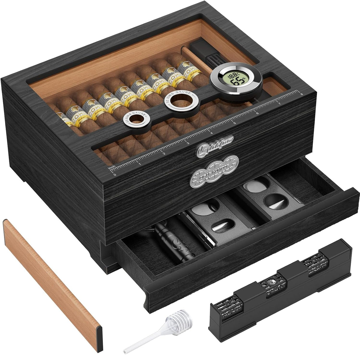 Cigar Humidor, Glass Top Desktop Humidor Box, Cigar Gifts for Men, Cedar Wood Cigars Case with Digital Hygrometer, Humidifier, Measuring Scale and Cigars Accessories Drawer