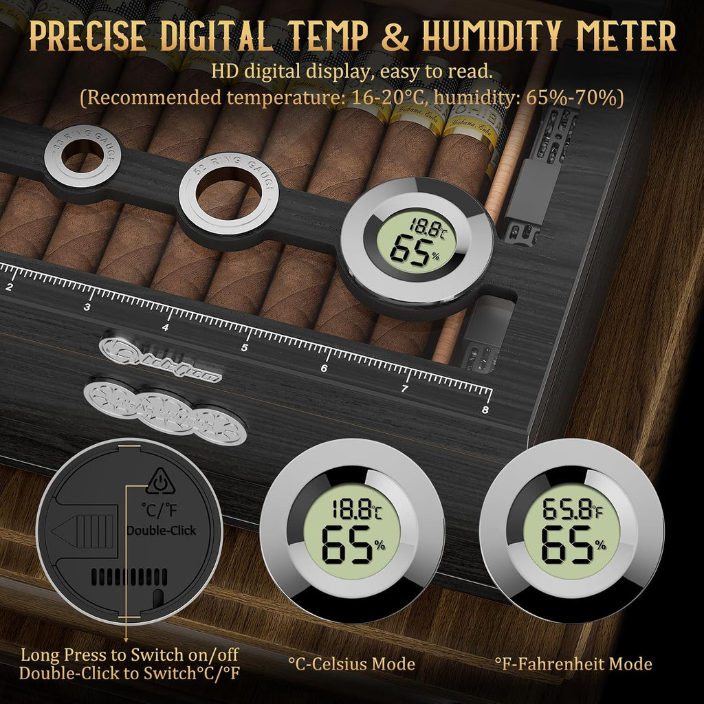Cigar Humidor, Glass Top Desktop Humidor Box, Cigar Gifts for Men, Cedar Wood Cigars Case with Digital Hygrometer, Humidifier, Measuring Scale and Cigars Accessories Drawer