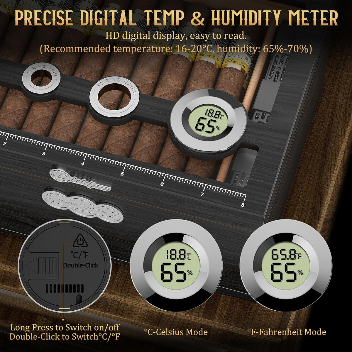 Cigar Humidor, Glass Top Desktop Humidor Box, Cigar Gifts for Men, Cedar Wood Cigars Case with Digital Hygrometer, Humidifier, Measuring Scale and Cigars Accessories Drawer