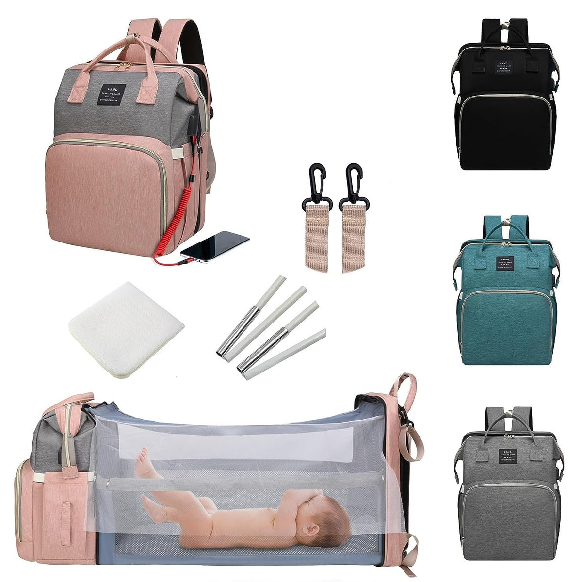 Baby Diaper Bags Backpack with Changing Station(Pink-Grey) | Waterproof Diaper Bag Backpack for Moms Dads with USB Charging Port,Large Capacity Multifunctional Baby Essentials
