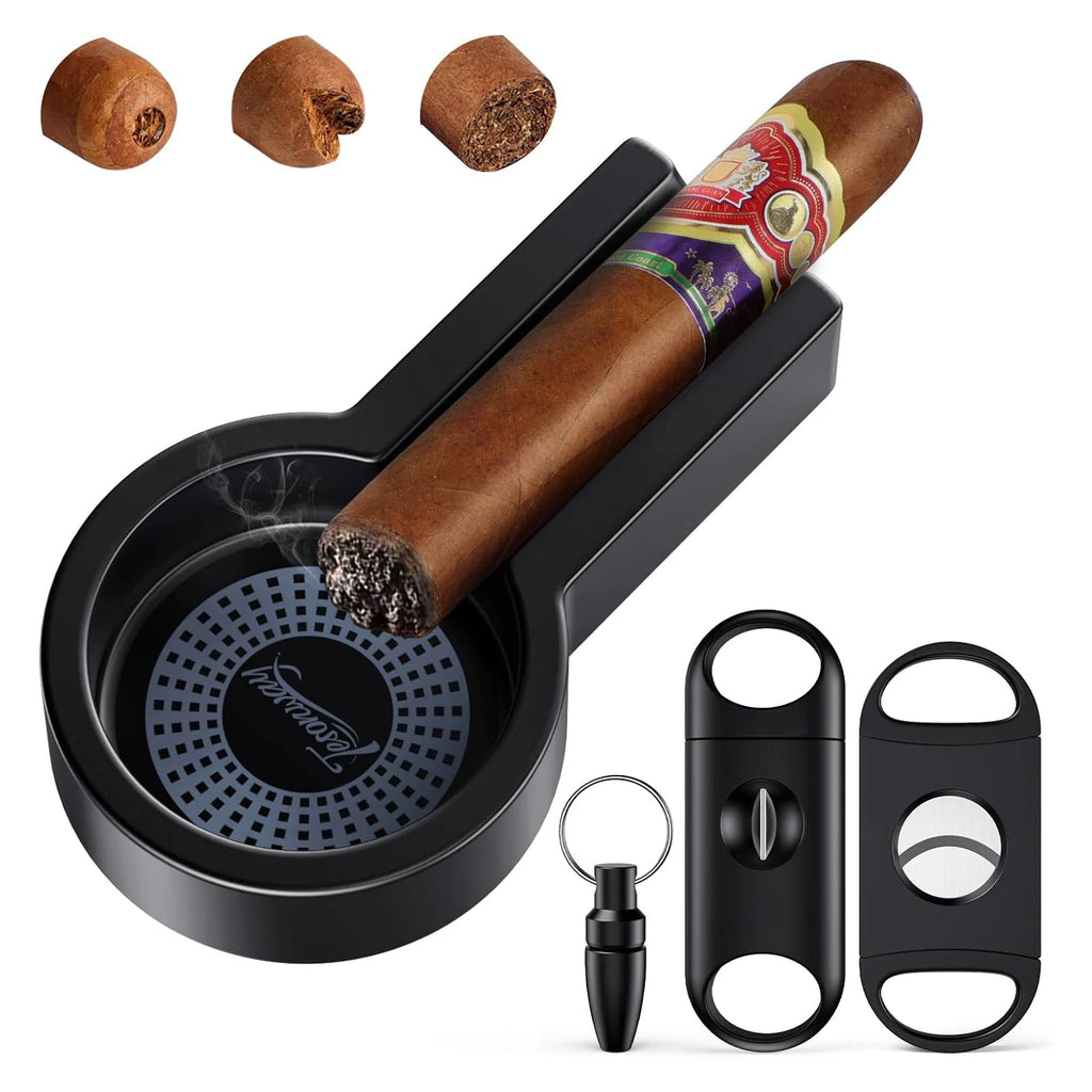 Cigar Ashtray with Cigar Cutter Set, Cigar Cutter V Cut, Cigar Punch, Portable Cigar Ashtrays for Outdoors Home and Office