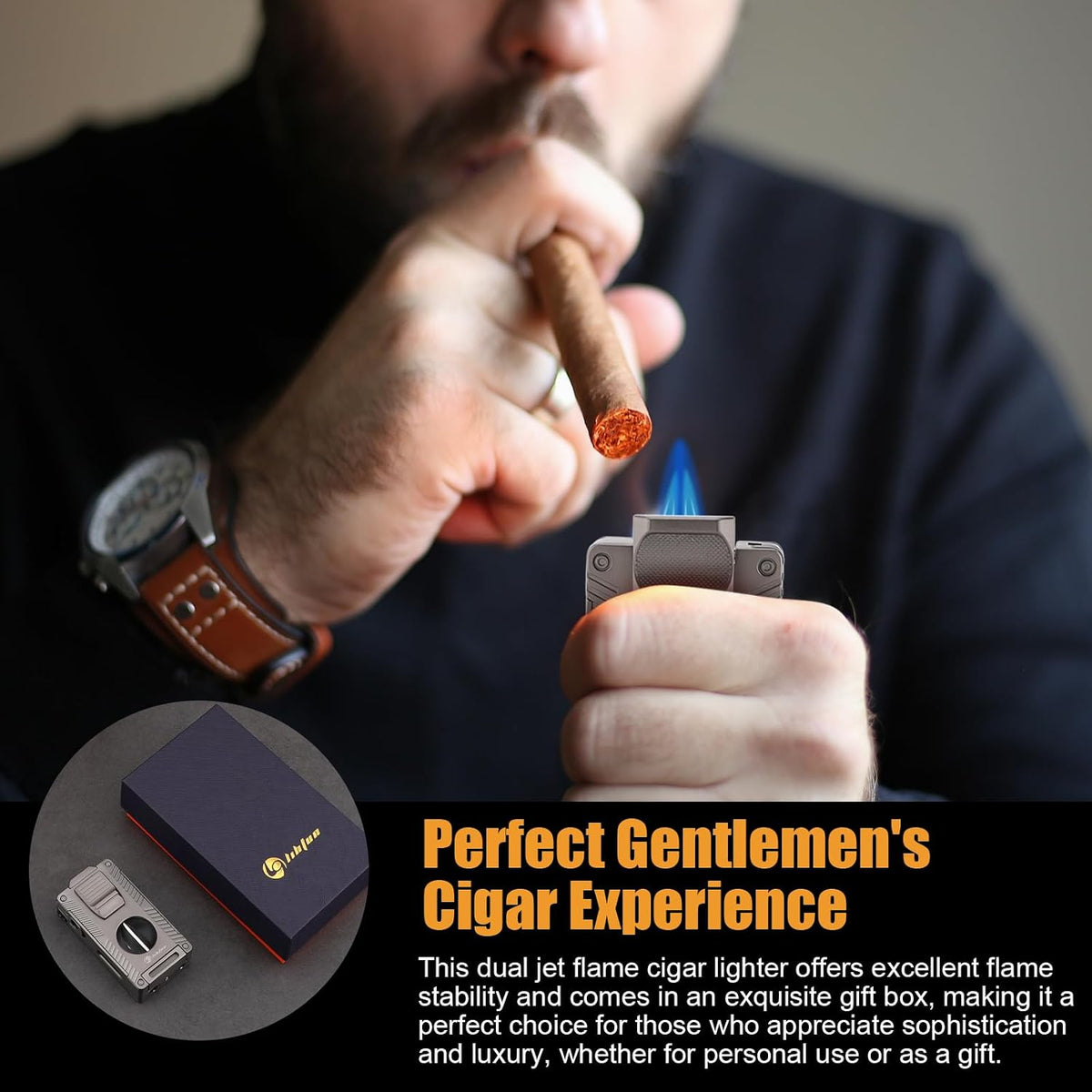 Cigar Torch Lighter, All-In-1 Cigar Lighter Built-In Cigar Holder Cigar Punch Cigar Draw Enhancer Cigar Cutter V Cut, Double Jet Flame Refillable Butane Lighters for Smoking, Cigar Gift for Men