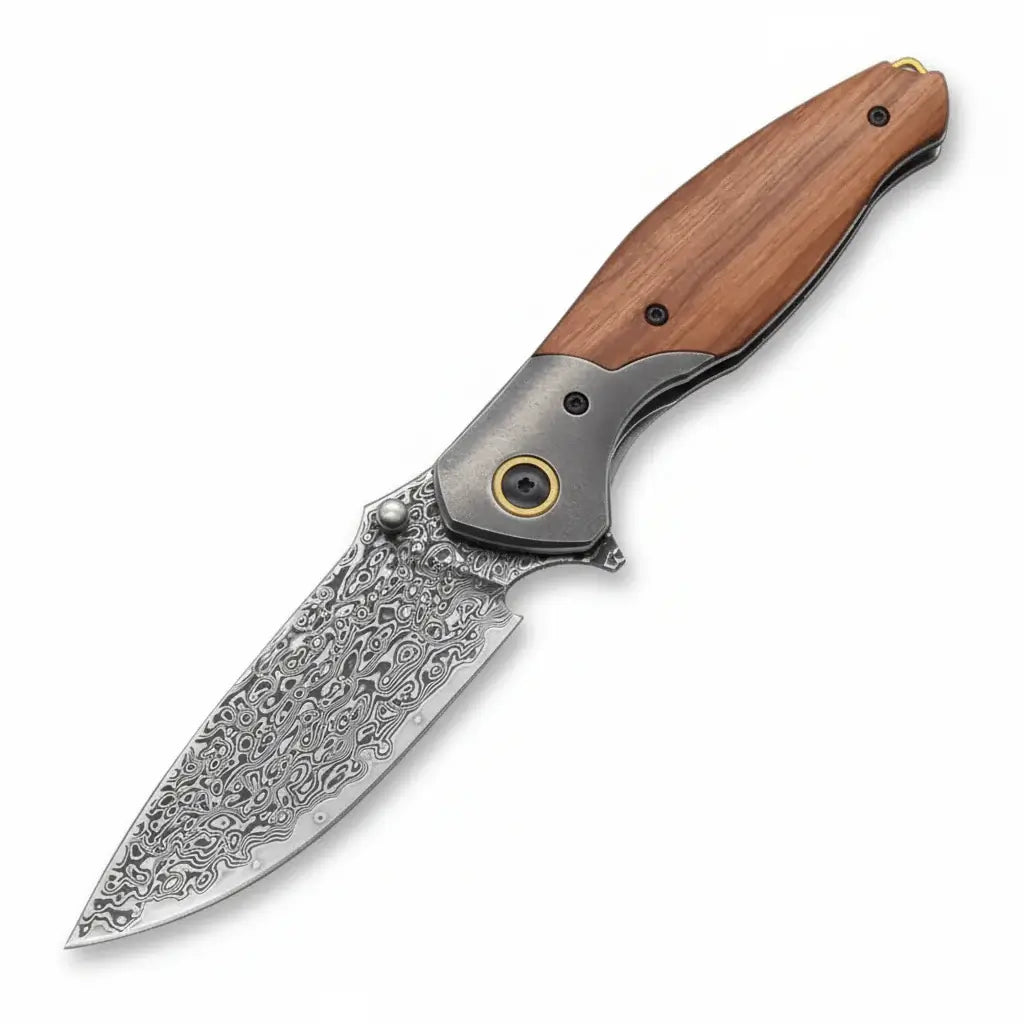 VG10 Damascus Steel Folding Knife – Premium EDC Pocket Knife with Mahogany Handle for Camping & Outdoor