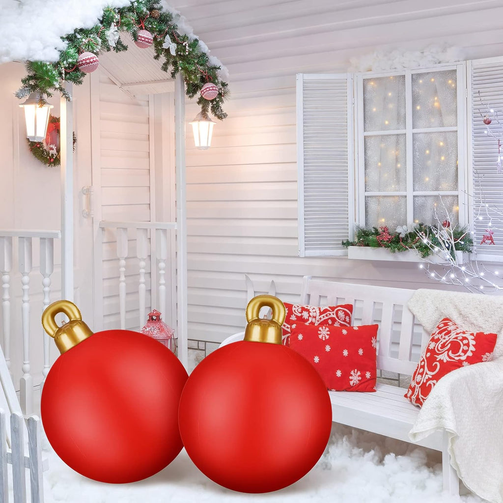 2 Pieces 32 Inch Giant PVC Inflatable Christmas in July Decorated Ball Ornaments Outdoor Large Xmas Blow Ball Decorations for Christmas in July Party Decor(Solid,Red)