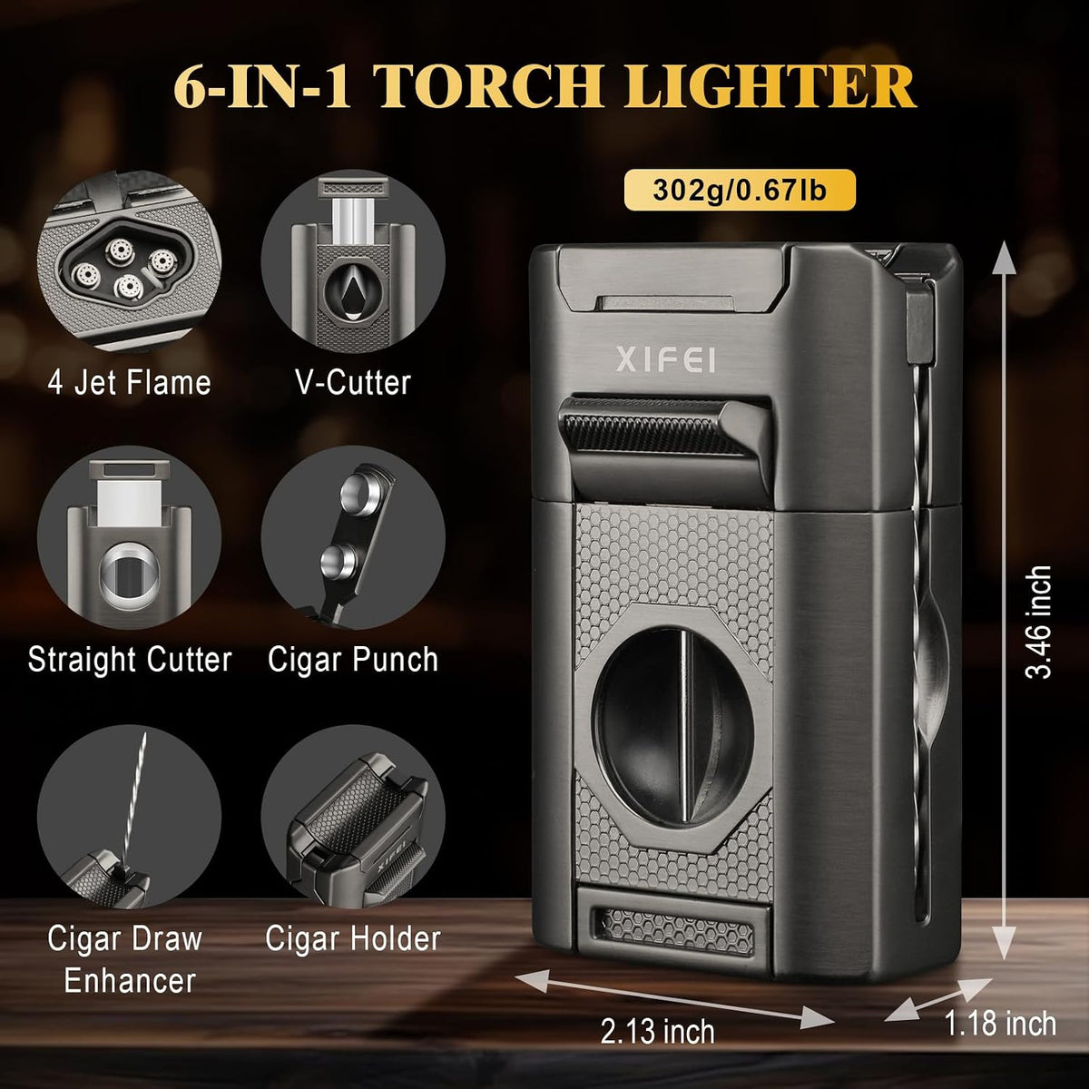 6-In-1 Cigar Lighter, Desktop Torch Lighter with Straight Cut V-Cut Cigar Cutter, Dual Cigar Punch, Cigar Draw Enhancer, Cigar Holder, 4 Jet Flame Refillable Butane Lighter Gift for Men (Gray)
