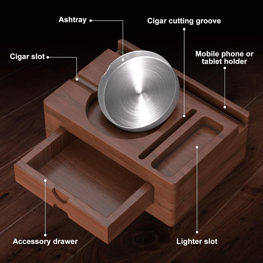 Wooden Cigar Ashtray with Lighter Slot & Accessories Drawer - 3-In-1 Holder Tray for Outdoor, Home Bar, Patio, Office Use - Gift Set for Men, Elegant Decoration Suitable (Brown)