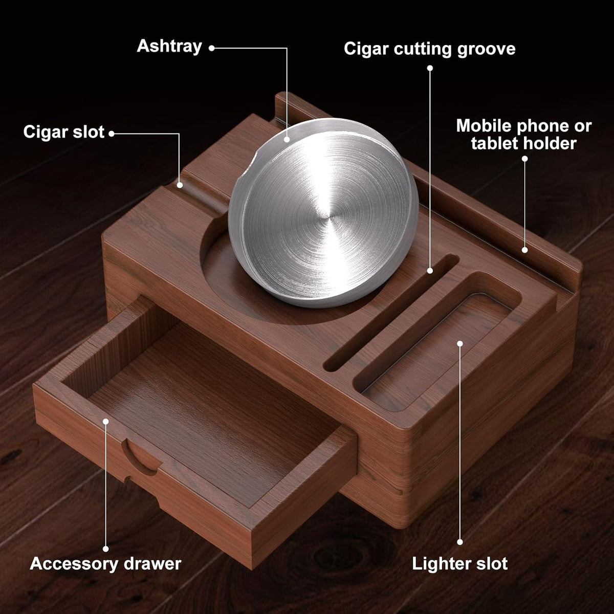 Wooden Cigar Ashtray with Lighter Slot & Accessories Drawer - 3-In-1 Holder Tray for Outdoor, Home Bar, Patio, Office Use - Gift Set for Men, Elegant Decoration Suitable (Brown)