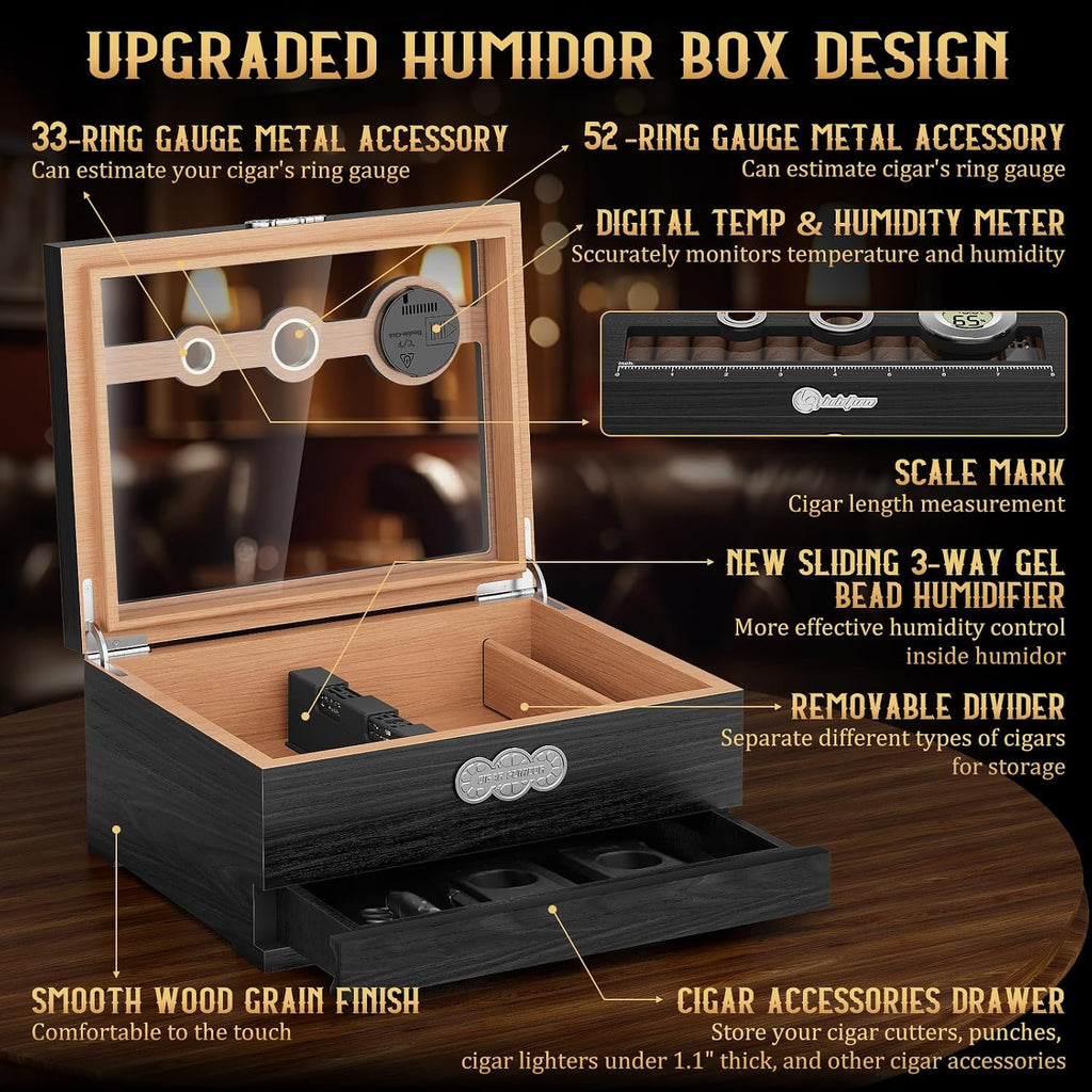 Cigar Humidor, Glass Top Desktop Humidor Box, Cigar Gifts for Men, Cedar Wood Cigars Case with Digital Hygrometer, Humidifier, Measuring Scale and Cigars Accessories Drawer
