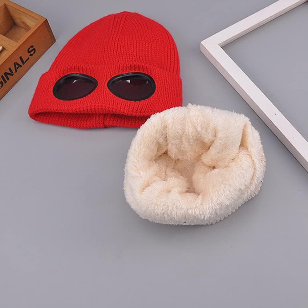 Knitted Goggles Beanie - Fleece Lined Winter Hat for Men Women