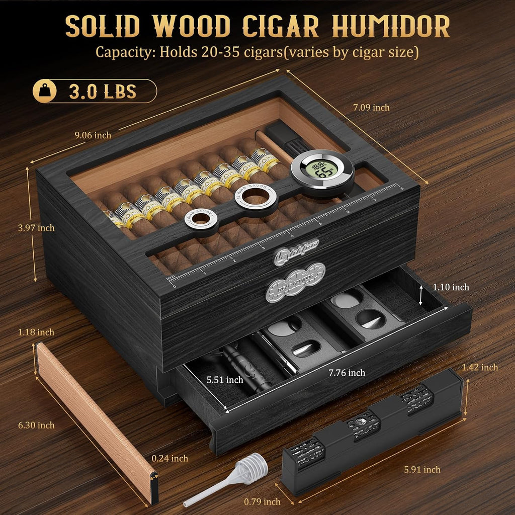 Cigar Humidor, Glass Top Desktop Humidor Box, Cigar Gifts for Men, Cedar Wood Cigars Case with Digital Hygrometer, Humidifier, Measuring Scale and Cigars Accessories Drawer