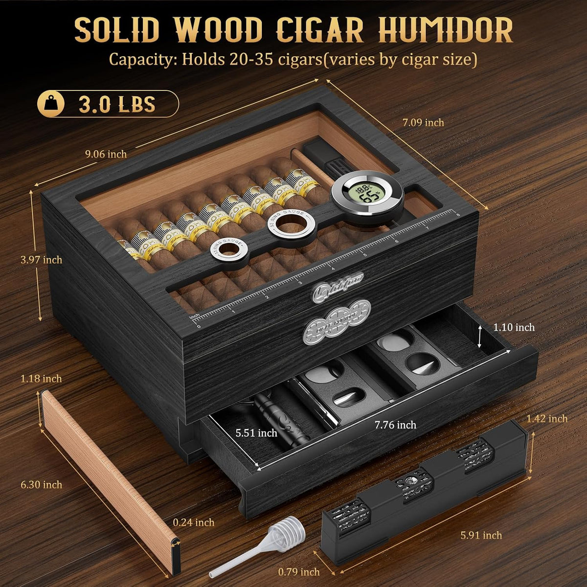 Cigar Humidor, Glass Top Desktop Humidor Box, Cigar Gifts for Men, Cedar Wood Cigars Case with Digital Hygrometer, Humidifier, Measuring Scale and Cigars Accessories Drawer