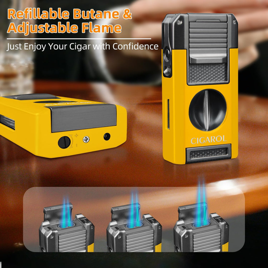 5-In-1 Cigar Lighter with Double Jet Flame, V-Cutter, Punch, Draw Enhancer & Cigar Rest, Windproof Refillable Butane Lighter, All-In-One Cigar Accessory Gift for Men