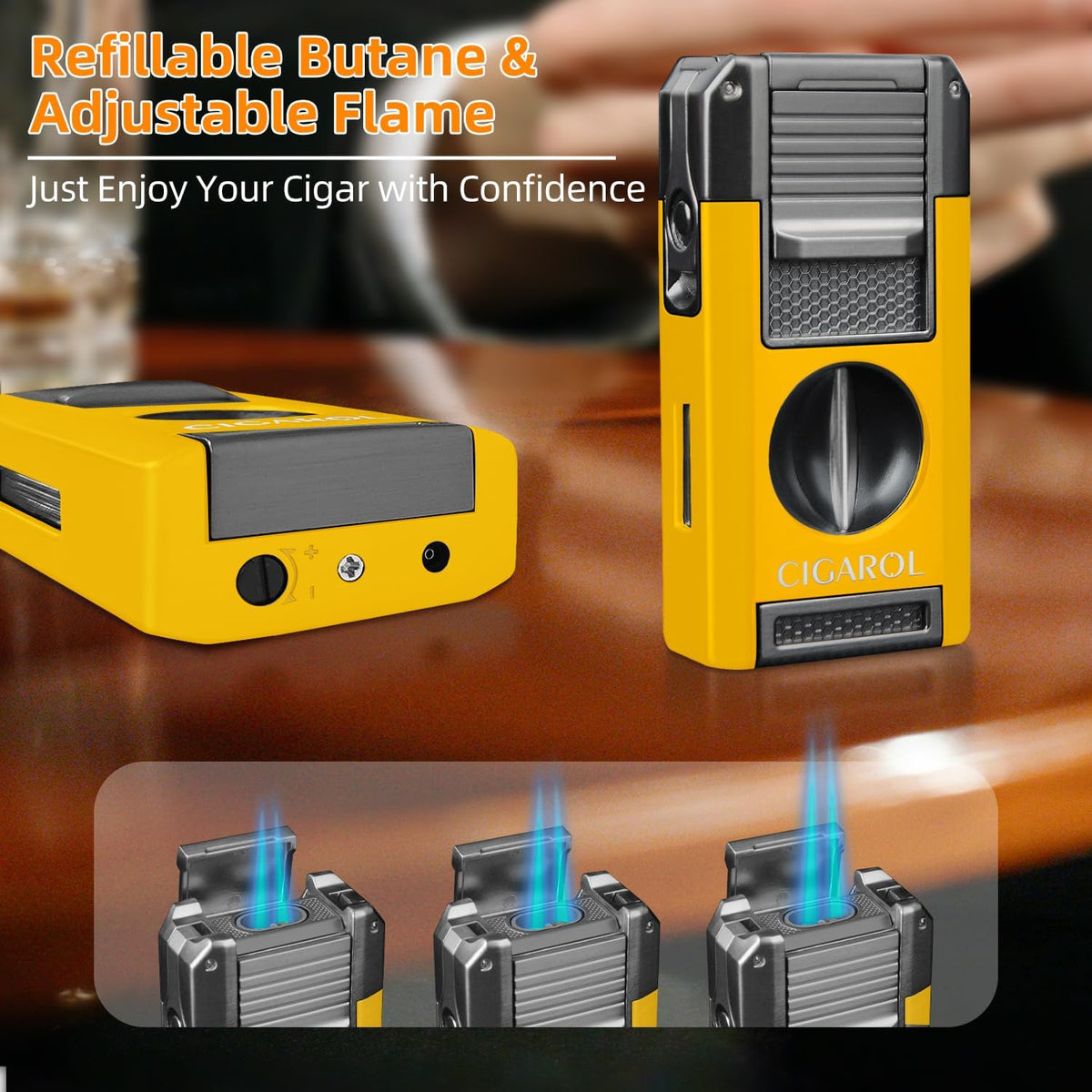 5-In-1 Cigar Lighter with Double Jet Flame, V-Cutter, Punch, Draw Enhancer & Cigar Rest, Windproof Refillable Butane Lighter, All-In-One Cigar Accessory Gift for Men
