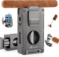 Cigar Torch Lighter, All-In-1 Cigar Lighter Built-In Cigar Holder Cigar Punch Cigar Draw Enhancer Cigar Cutter V Cut, Double Jet Flame Refillable Butane Lighters for Smoking, Cigar Gift for Men