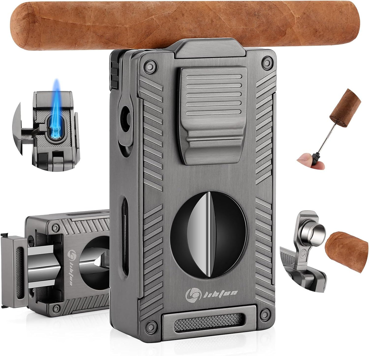 Cigar Torch Lighter, All-In-1 Cigar Lighter Built-In Cigar Holder Cigar Punch Cigar Draw Enhancer Cigar Cutter V Cut, Double Jet Flame Refillable Butane Lighters for Smoking, Cigar Gift for Men