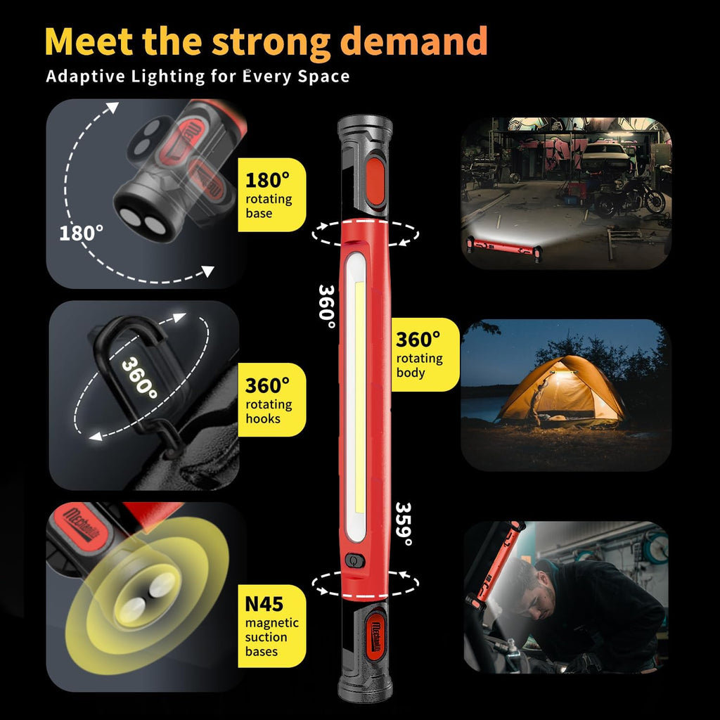 Magnetic Cordless under Hood Work Light Bar for Mechanics-Red | Rechargeable 5200Mah Battery, 3000 Lumens, N45 Magnets, 360° Hooks, IP54 Waterproof & IK08 Impact Resistant for Car Repairing