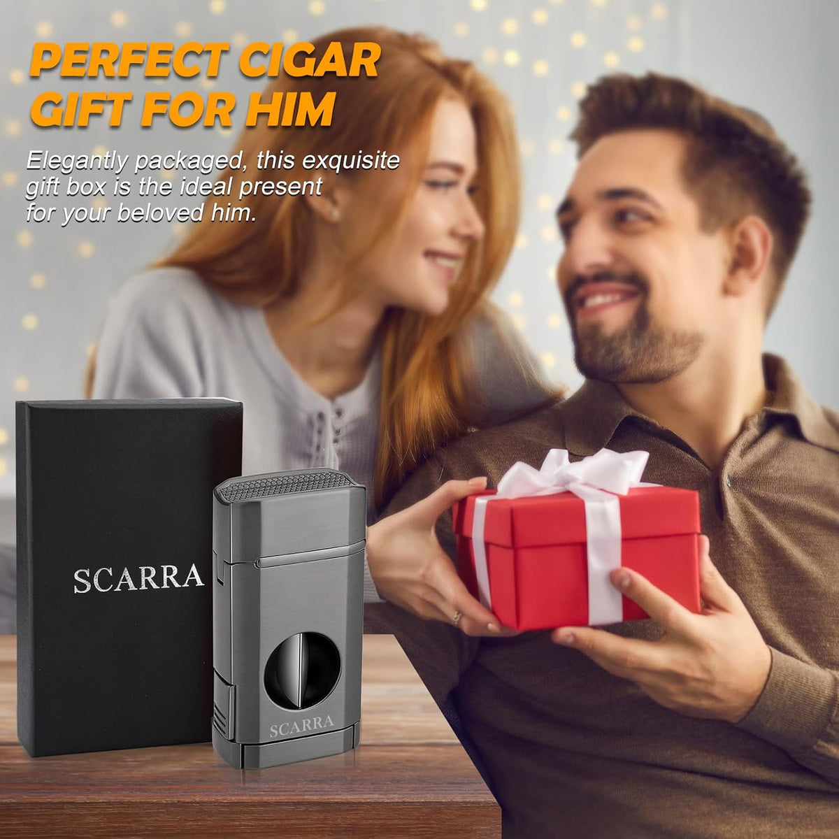 Cigar Torch Lighter, Multi-Function 3-In-1 Torch Lighter Gift for Men, Butane Lighters Built-In Cigar Holder & One-Touch Cigar Cutter V Cut, Windproof Triple Jet Flame Lighter for Men