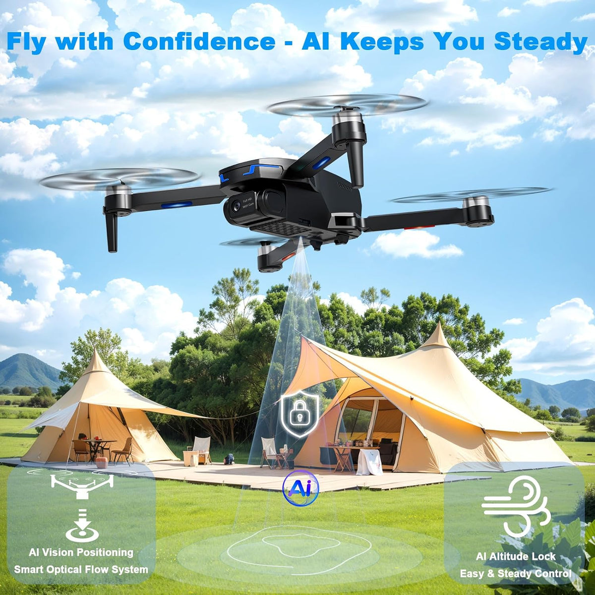 Drone with AI Optical Flow & AI Voice/Gesture Control, 1080P FHD FPV Camera for Kids Beginners Adults, Brushless Motor Foldable RC Drone, One-Key Start, 3D Flips, 2 Batteries 26 Min, Indoor/Outdoor