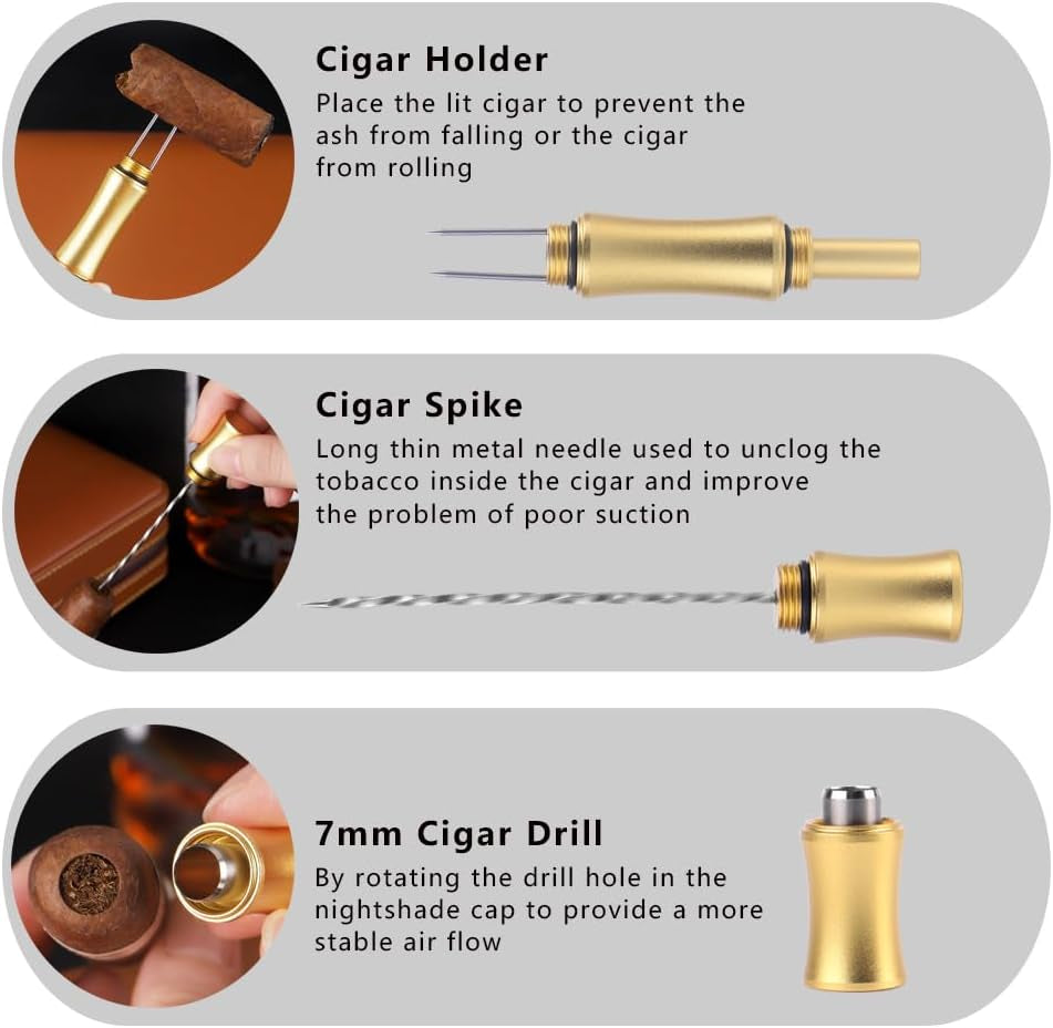 3-In-1 Cigar Punch Tool Set with Cigar Punch(8Mm), Cigar Draw Enhancer Cutter and Twin Nubber (Gold)