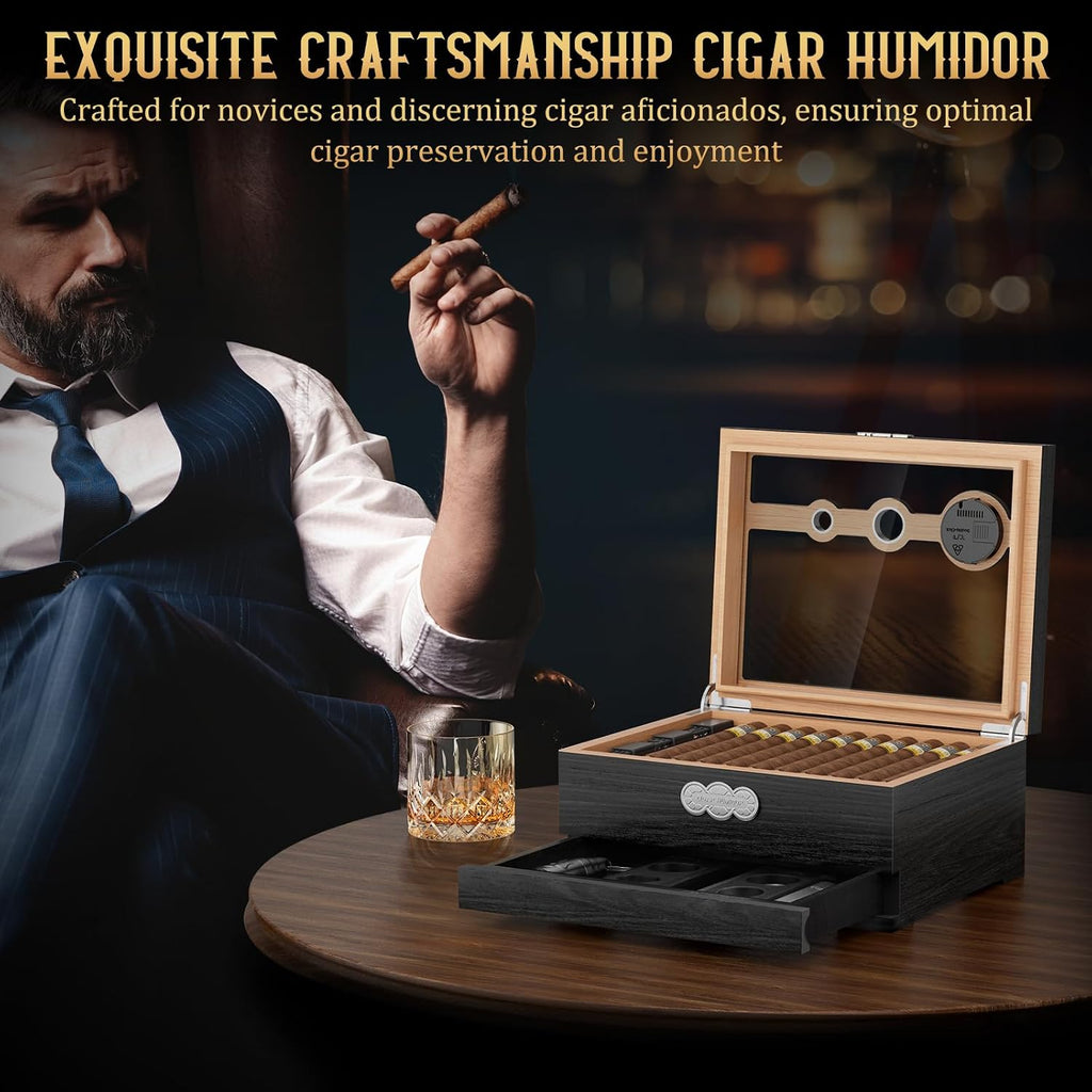 Cigar Humidor, Glass Top Desktop Humidor Box, Cigar Gifts for Men, Cedar Wood Cigars Case with Digital Hygrometer, Humidifier, Measuring Scale and Cigars Accessories Drawer