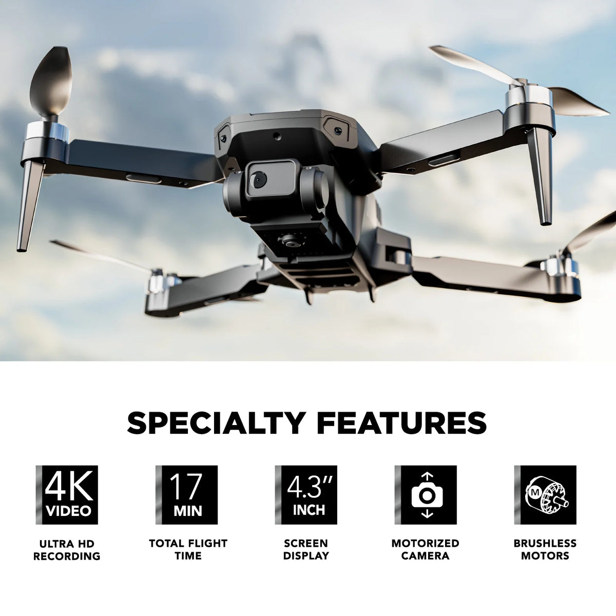 Skyvision 4K Ultra HD GPS Foldable Video Drone with 4.3" Display Controller, Brushless Motors, 1-Axis Gimbal, VR Headset, 17-Minute Flight Time & Travel Carry Case