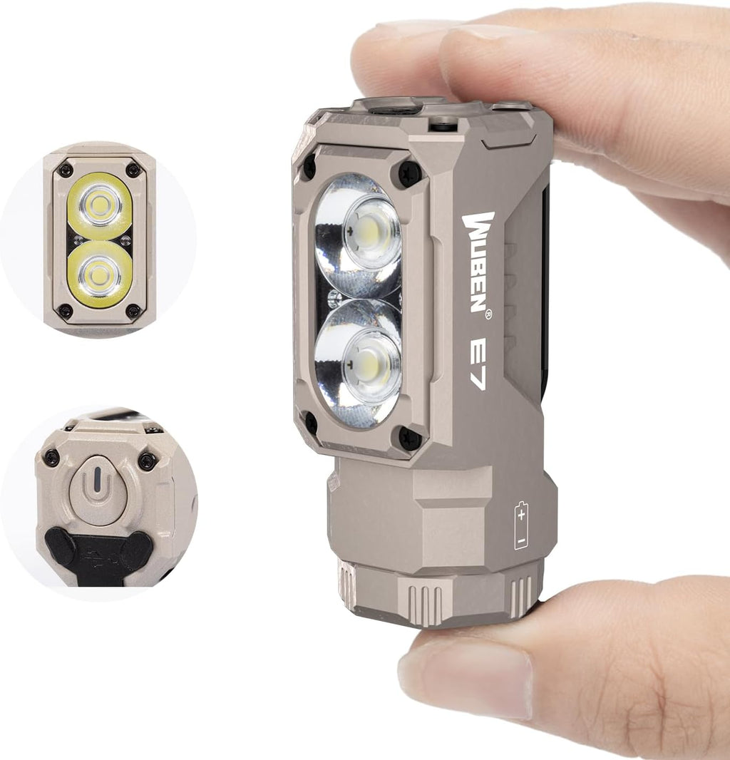 E7 1800 Lumen Rechargeable Mini Flashlight with Magnet | Super Bright 6 Modes Khaki EDC Flashlight, Typ-C Rechargeable LED; IP68 Pocket Flashlight for Headlamp Use, Rescue, Camping