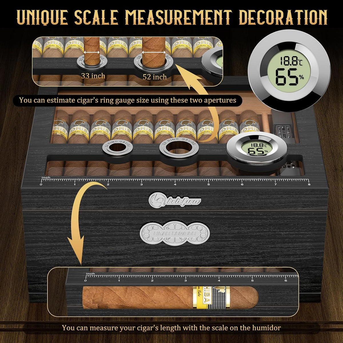 Cigar Humidor, Glass Top Desktop Humidor Box, Cigar Gifts for Men, Cedar Wood Cigars Case with Digital Hygrometer, Humidifier, Measuring Scale and Cigars Accessories Drawer