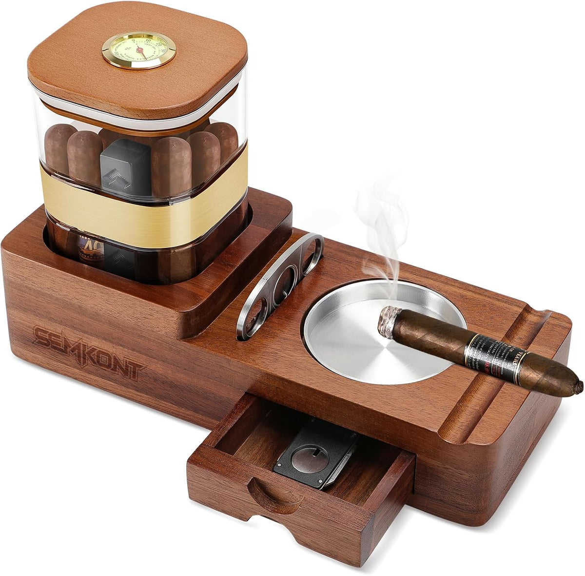 Cigar Humidor and Ashtray Set, Wooden Tray with Acrylic Humidor Jar, Cutter Holder, Drawer, Slot and Cigar Cutter Accessories, Home Gift Sets for Men