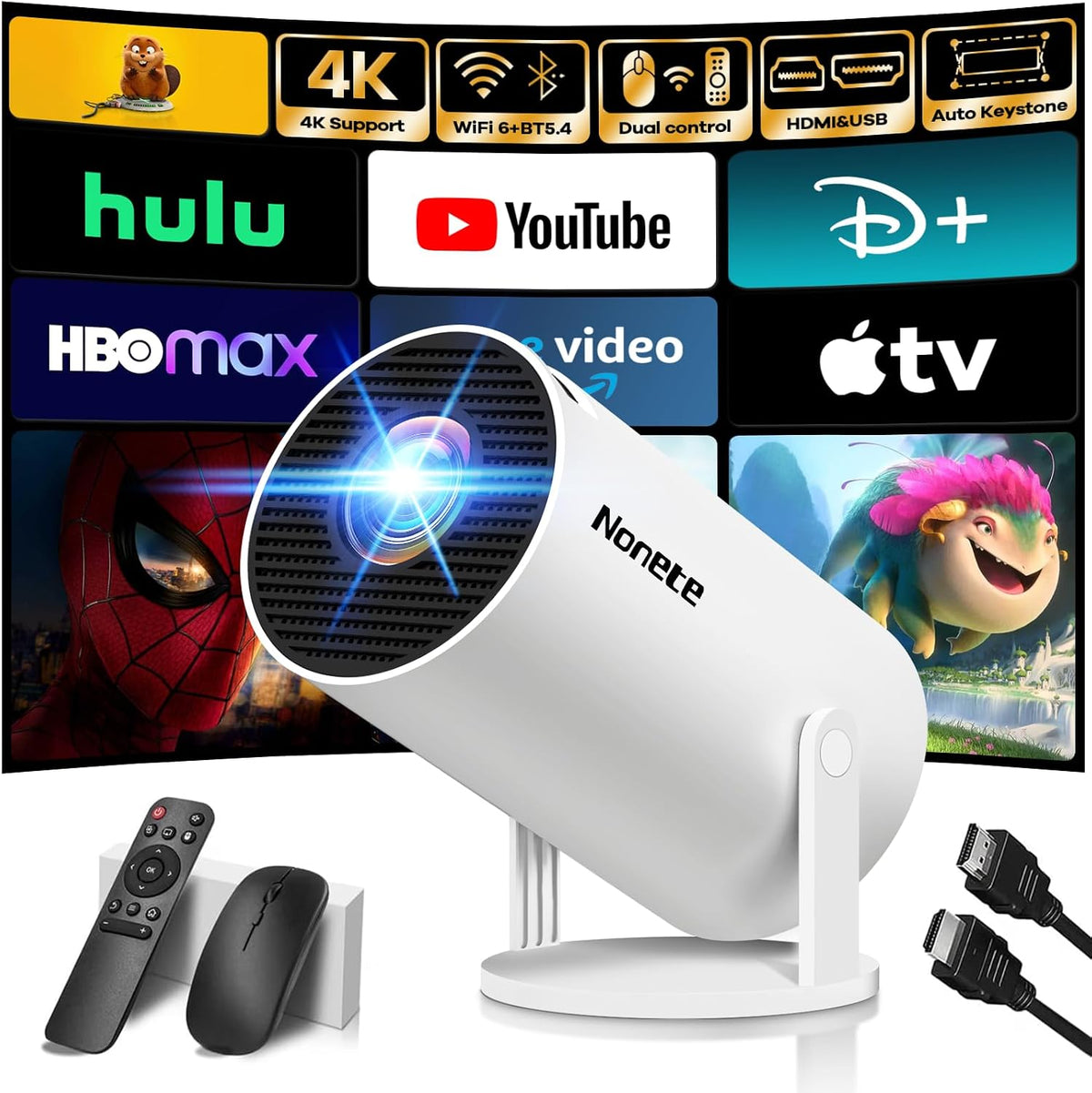 [2026 Upgraded] Mini Projector Support 4K 1080P FHD Auto Keystone 270° Rotatable with Wifi 6 and Bluetooth 5.2 Projector Portable Compatibile with HDMI/TV Stick/Memory Stick/Laptop,White