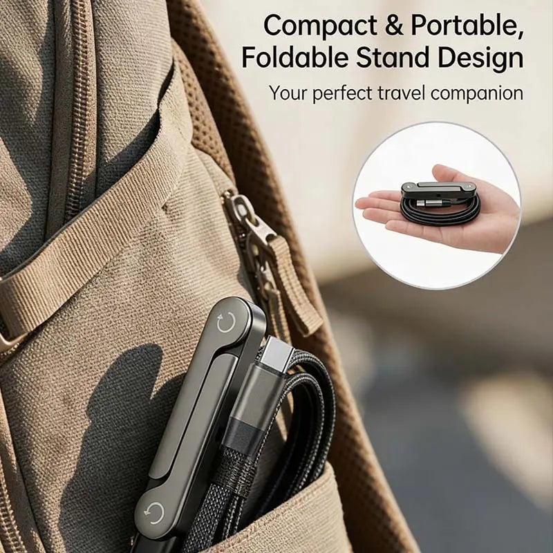 240W Super Fast Charging 2-In-1 Invisible Holder Cable with Stand - Portable Electronic Charger Cord for Smartphone, Cellphone, Gaming, Office - Type-C Compatible Mobile Accessory (Black)