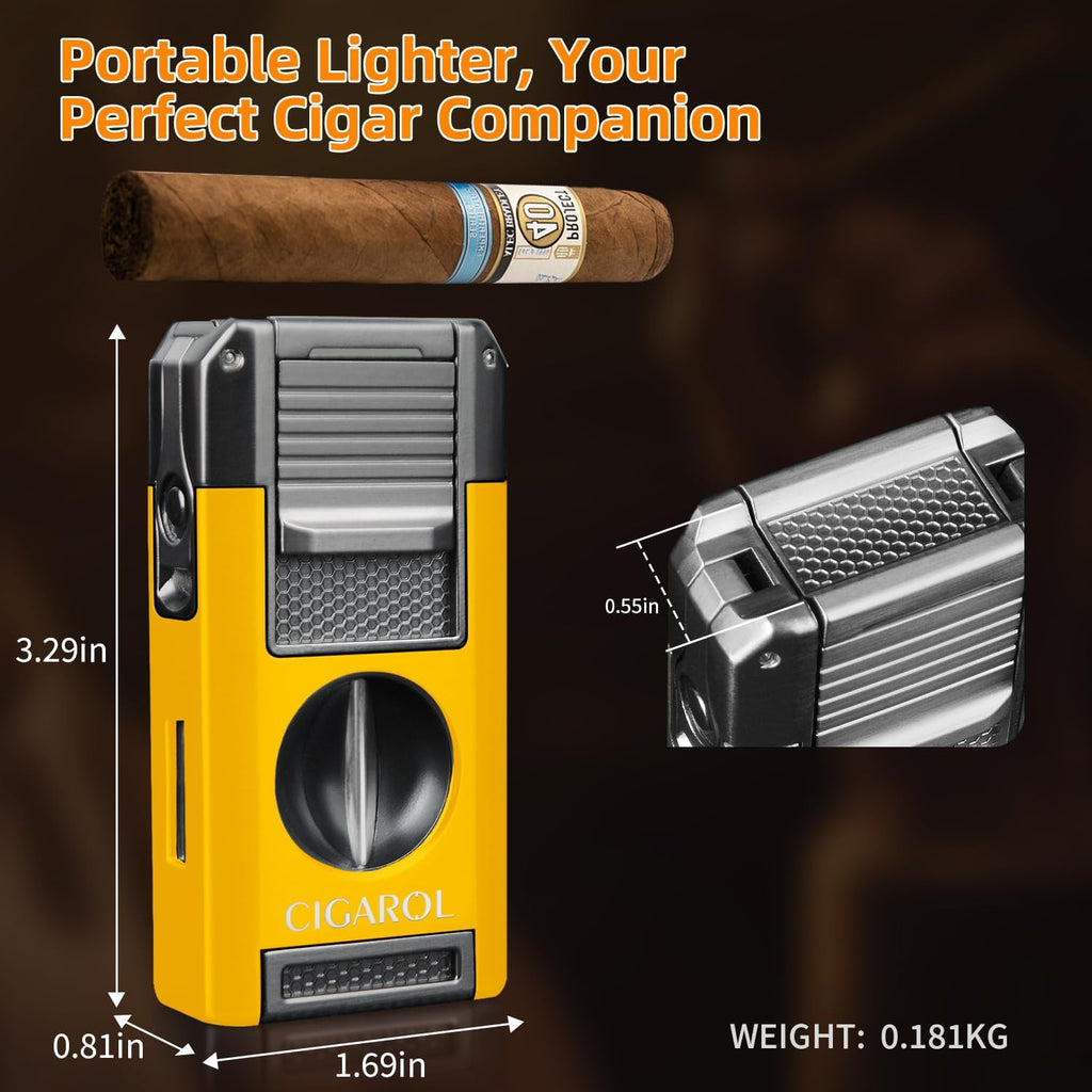 5-In-1 Cigar Lighter with Double Jet Flame, V-Cutter, Punch, Draw Enhancer & Cigar Rest, Windproof Refillable Butane Lighter, All-In-One Cigar Accessory Gift for Men
