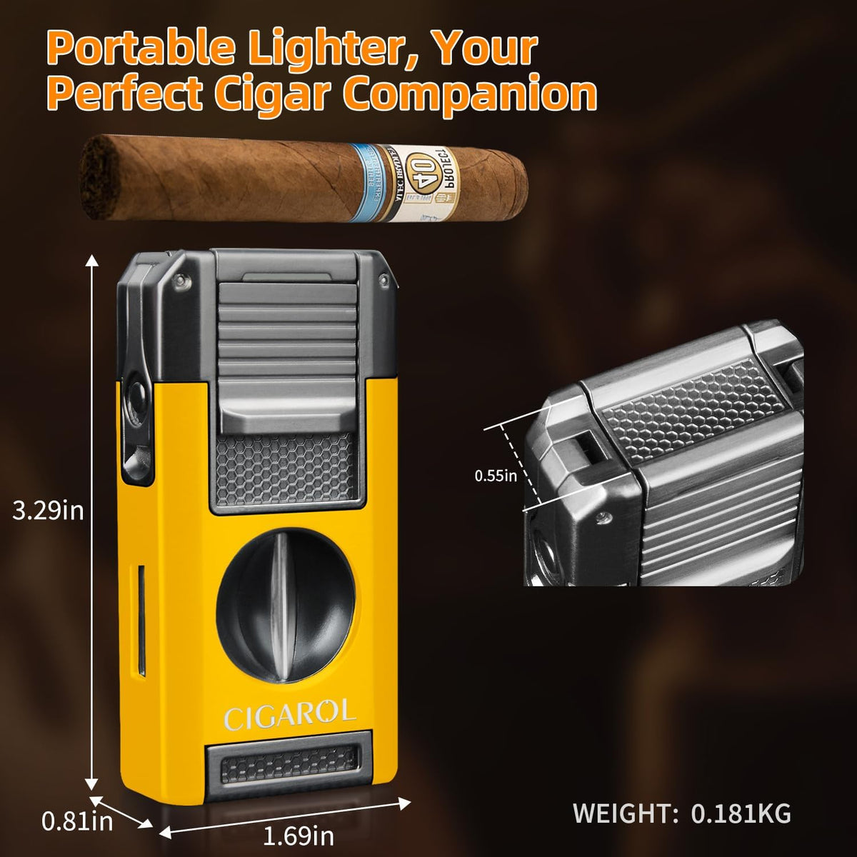 5-In-1 Cigar Lighter with Double Jet Flame, V-Cutter, Punch, Draw Enhancer & Cigar Rest, Windproof Refillable Butane Lighter, All-In-One Cigar Accessory Gift for Men